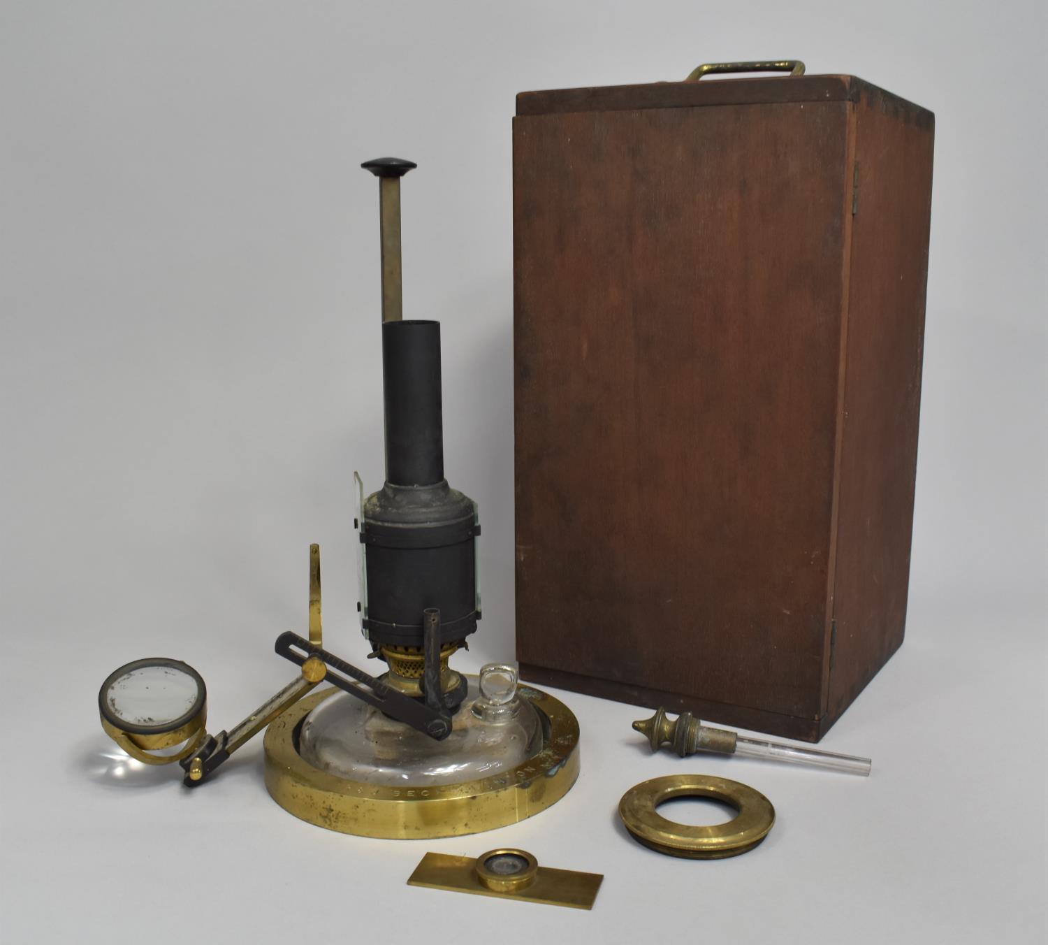 A Late Victorian Microscope Lamp by R and J Beck, London with Lacquered Brass Ring Base, Signed,