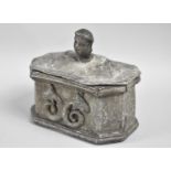 An Early Lead Tobacco Pot having Lid with Mask Finial, 12cms Wide