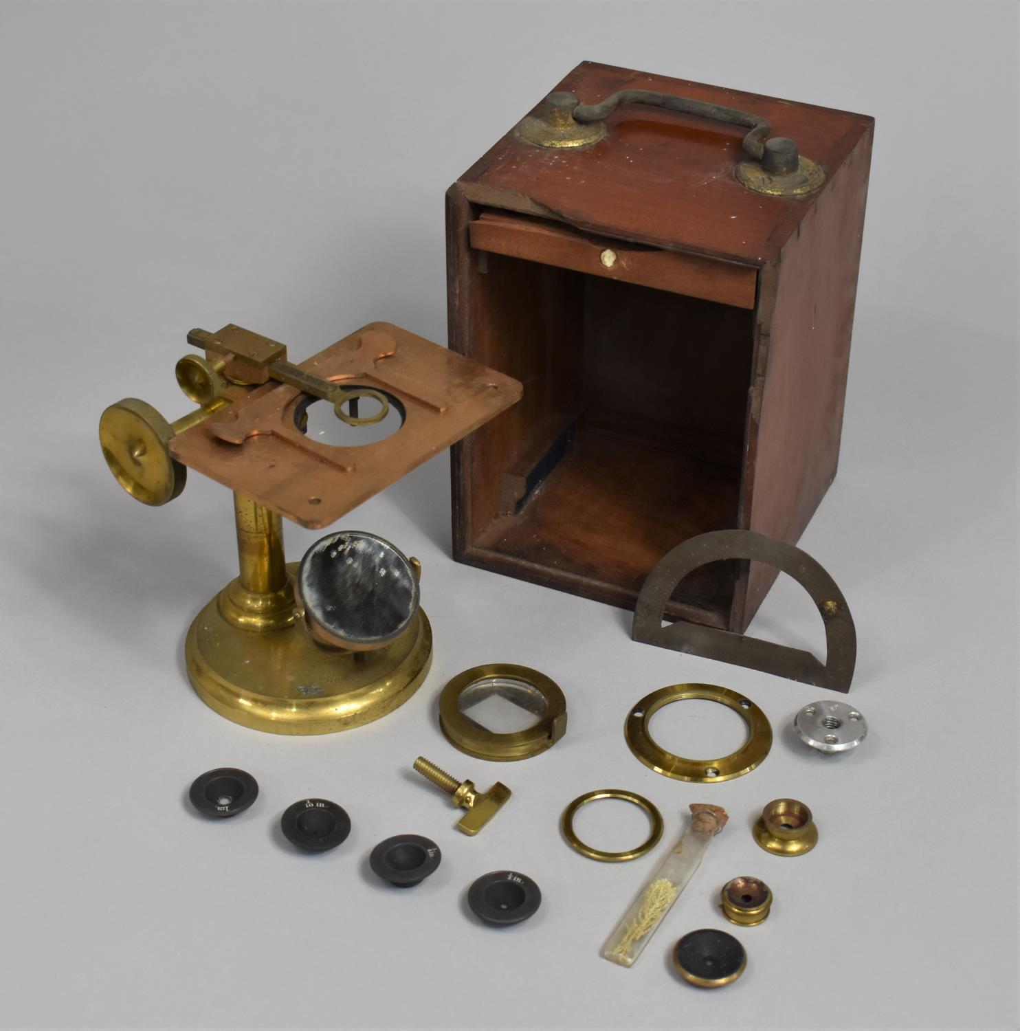 A 19th Century Mahogany Cased Brass Microscope Base by Ross of London - Image 3 of 4