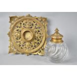 A French Heavy Glass Desk Top Inkwell with Ormolu Hinged Lid, Swirled Decoration to Body, together
