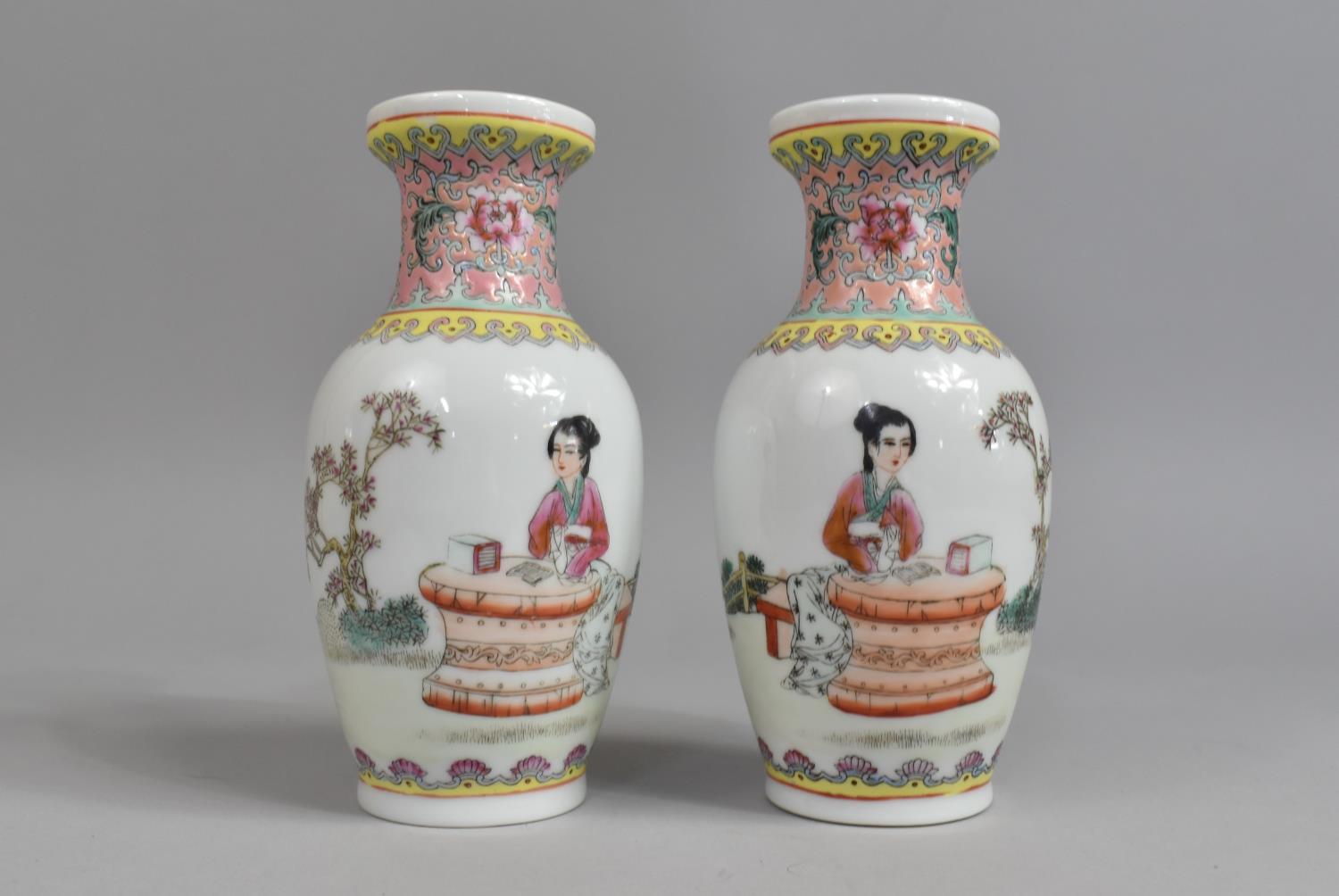 A Pair of Chinese Porcelain Famille Rose Calligraphy Vases Decorated with Maiden in Garden, Red Seal