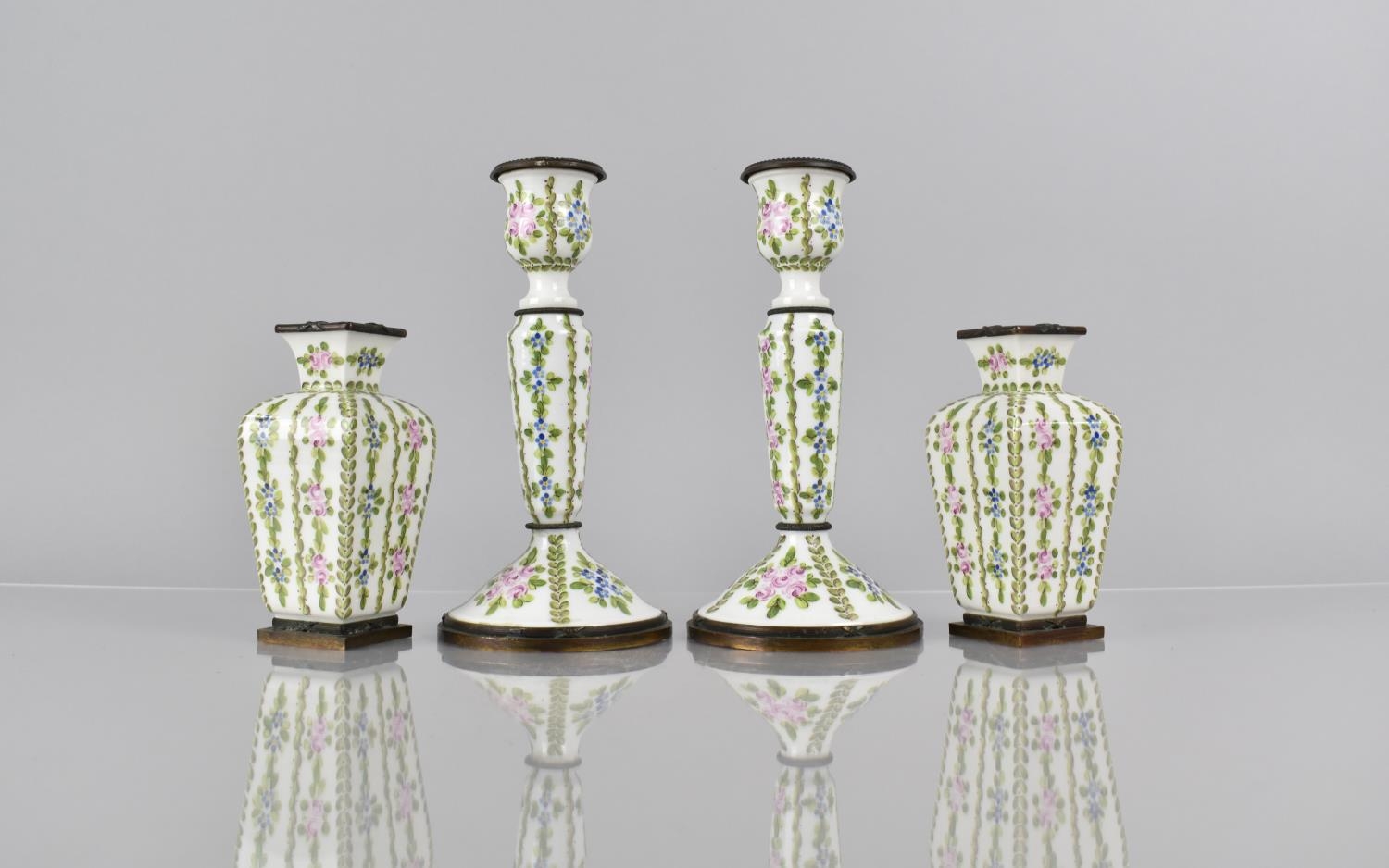 A Pair of Late 19th Century French Porcelain and Bronze Mounted Candlesticks with Hand Painted