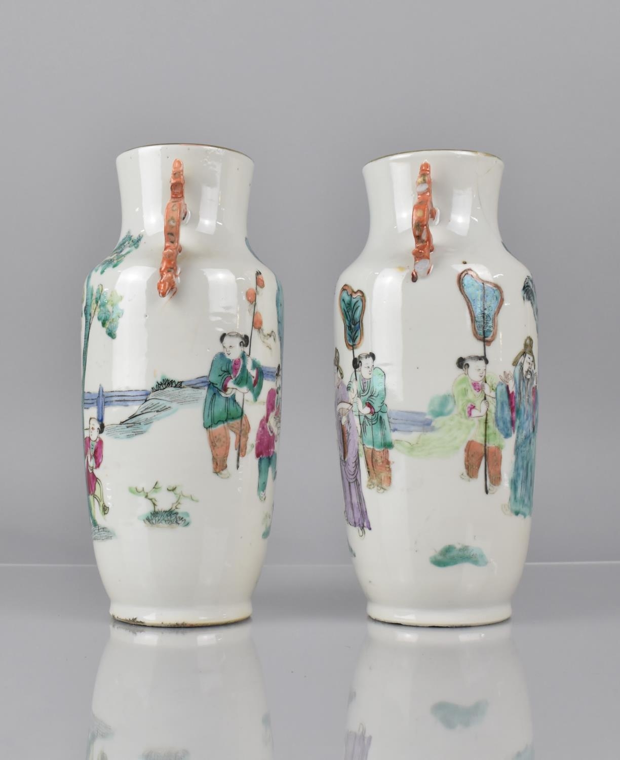 A Pair of 19th Century Chinese Porcelain Vases decorated in the Famille Rose Palette with Robed - Image 4 of 5