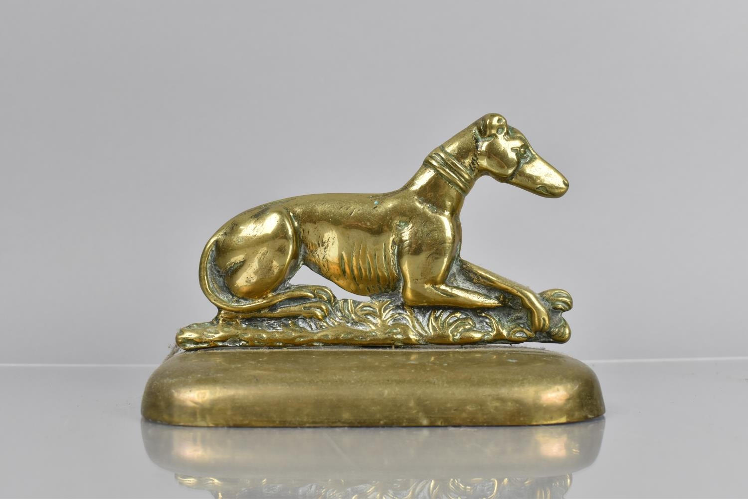 A 19th Century Brass Doorstop in the Form of a Recumbent Greyhound on Plinth, Weighted Base, 15cms - Image 2 of 3