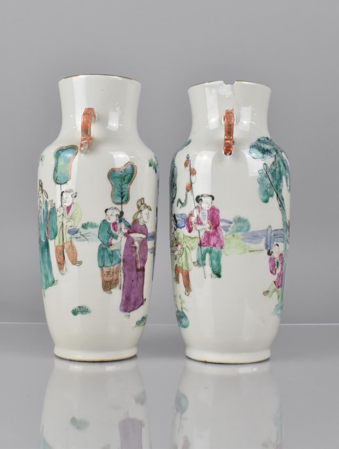 A Pair of 19th Century Chinese Porcelain Vases decorated in the Famille Rose Palette with Robed - Image 2 of 5