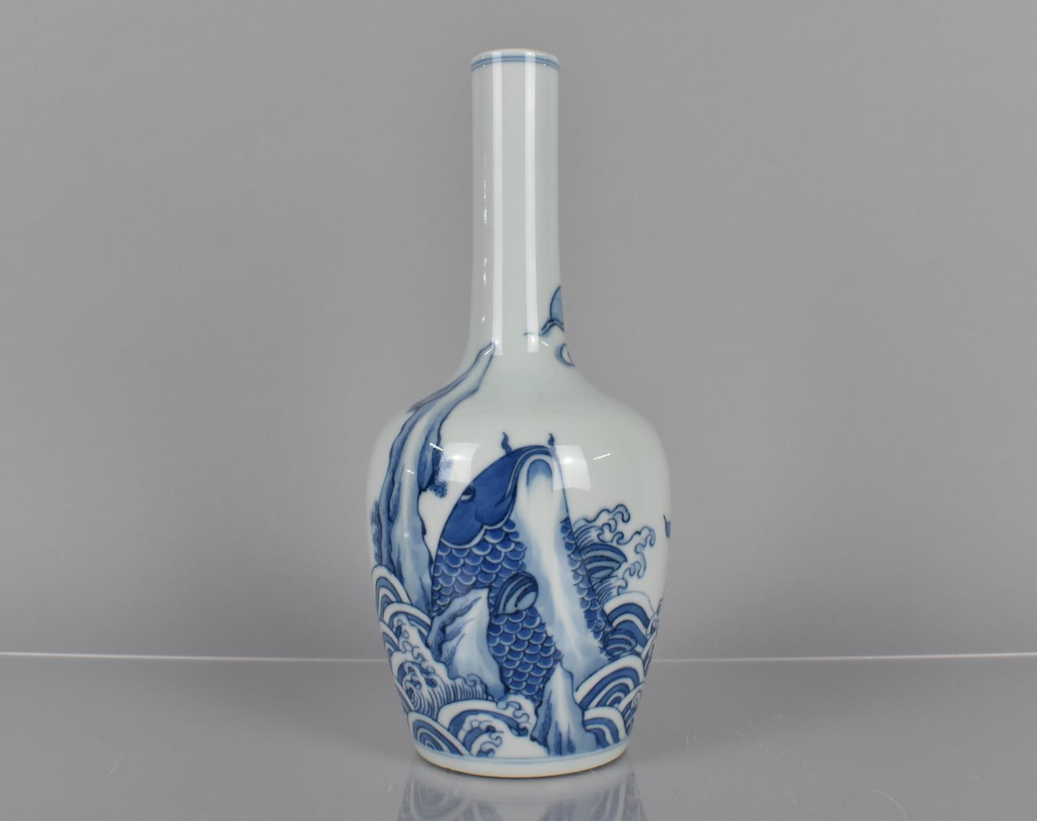 A Chinese Porcelain Blue and White Bottle Vase decorated with Koi Fish Leaping out of Sea, Double - Image 5 of 6