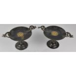 A Pair of Late 19th Century Grand Tour Tazzas with Scrolled Twin Handles and Central Gilt Bronze