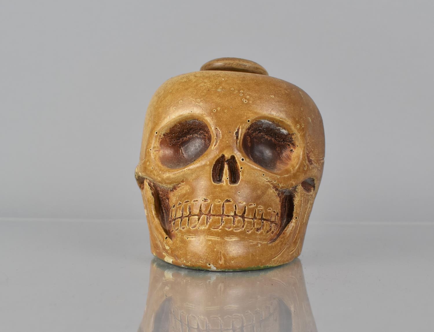 A Late 19th/Early 20th Century Painted Plaster and Wood Tobacco Jar Modelled as a Human Skull, - Image 3 of 6