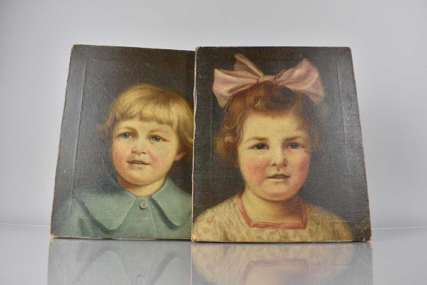 A Pair of Early 20th Century Portrait Paintings on Canvas of Two Children, Probably Brother and