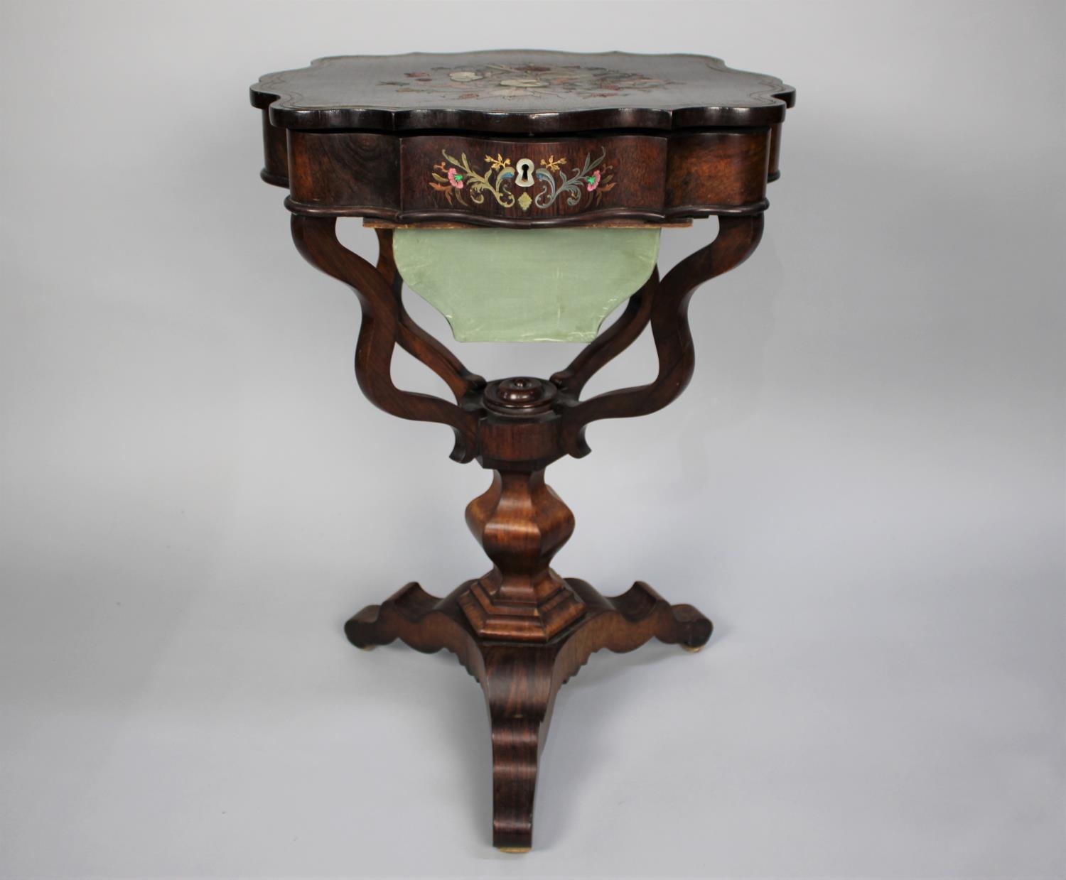 A Late 19th Century Shaped Top Ladies Work Table in Inlaid Rosewood, The Hinged Lid to Fitted