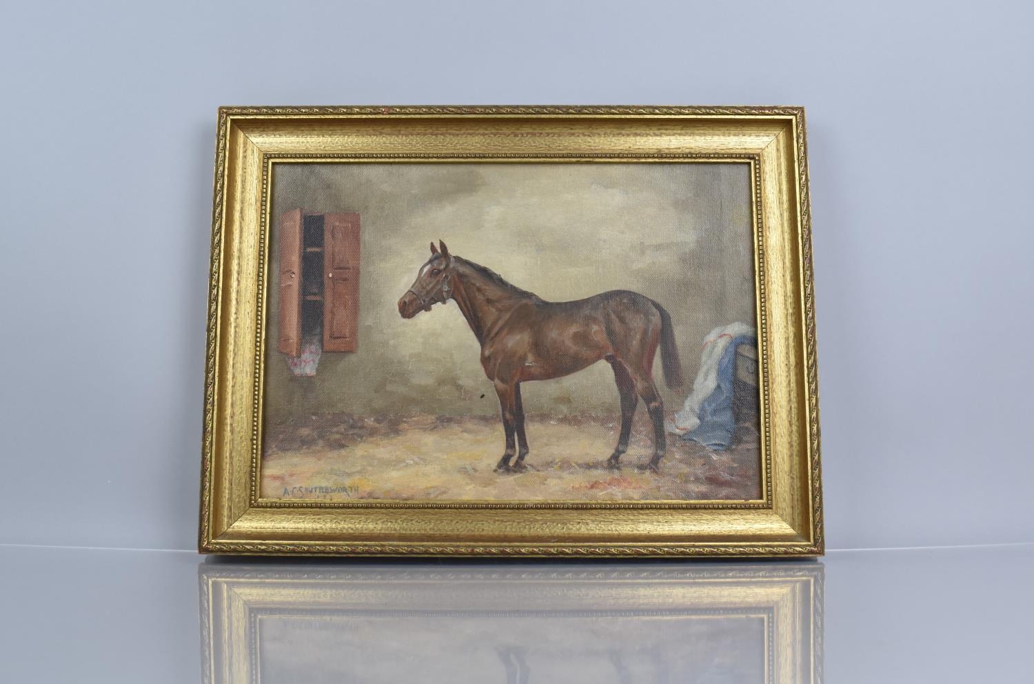 A 20th Century Oil on Board, English School, Interior Stable Scene with Horse Signed A.G.