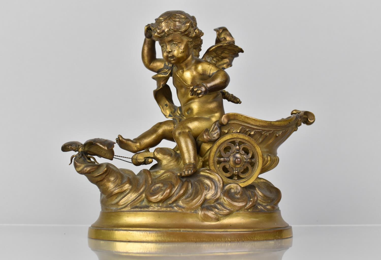 After L Coustou, A 19th Century Gilded Bronze Study of Cupid Sat on Chariot being Pulled by - Image 2 of 4