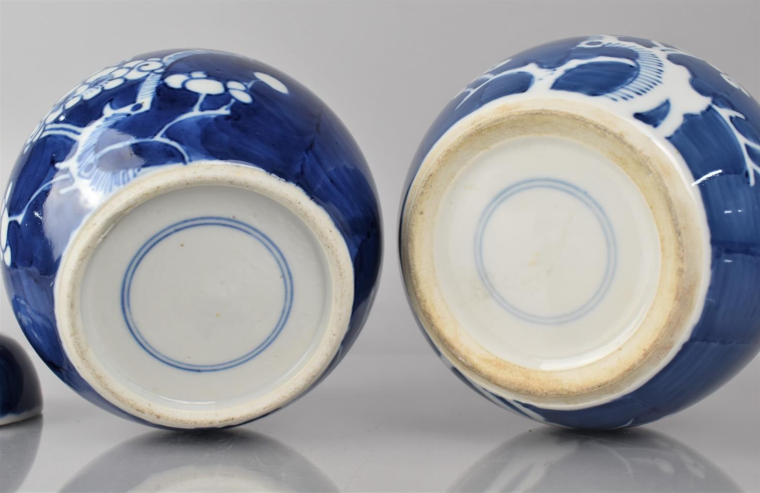 Two Chinese Porcelain Blue and White Prunus Pattern Ginger Jars, Both with Double Concentric Mark to - Image 2 of 3