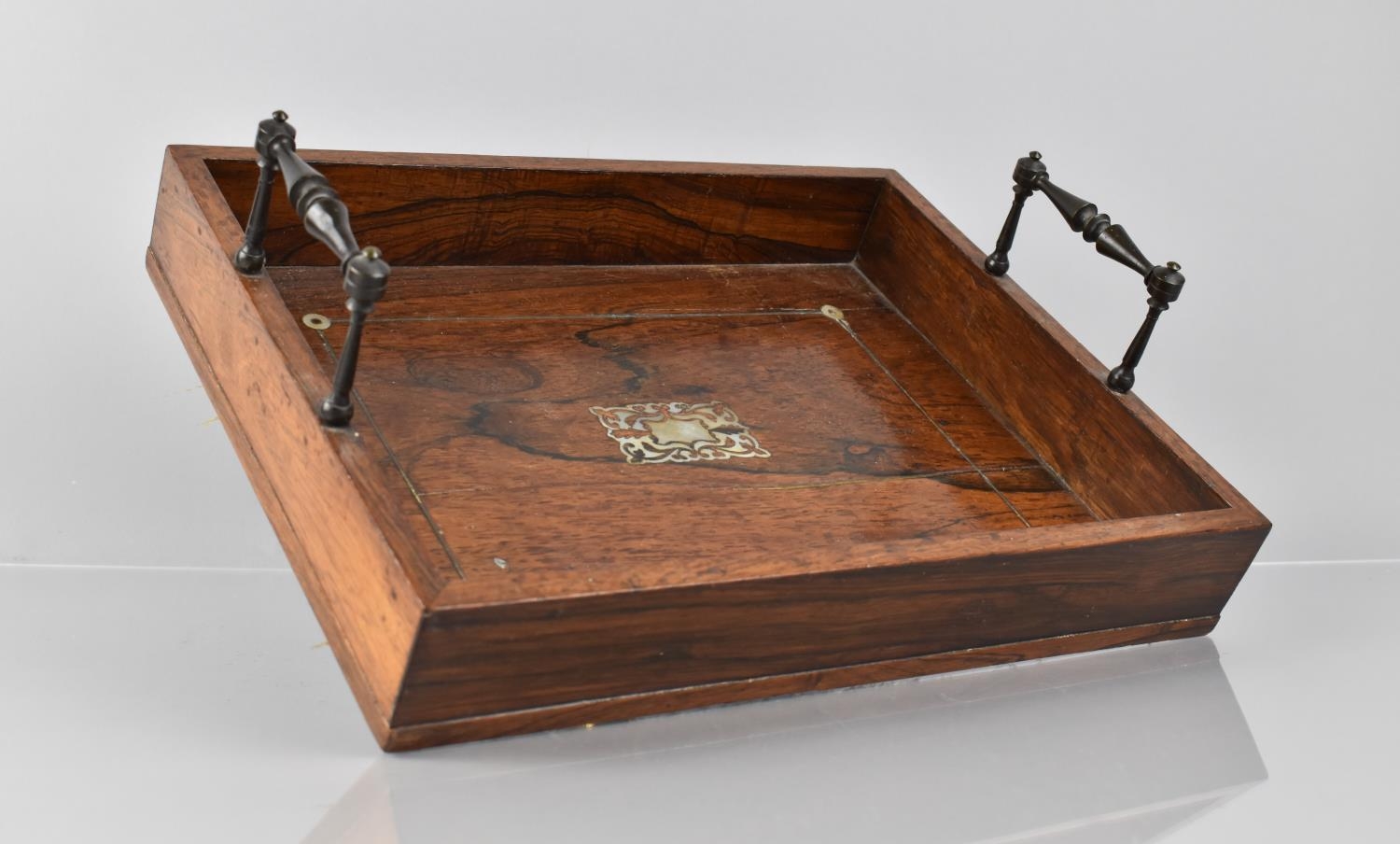 A Late 19th Century Rosewood Pen Tray with Mother of Pearl Inlay having Two Carrying Handles,