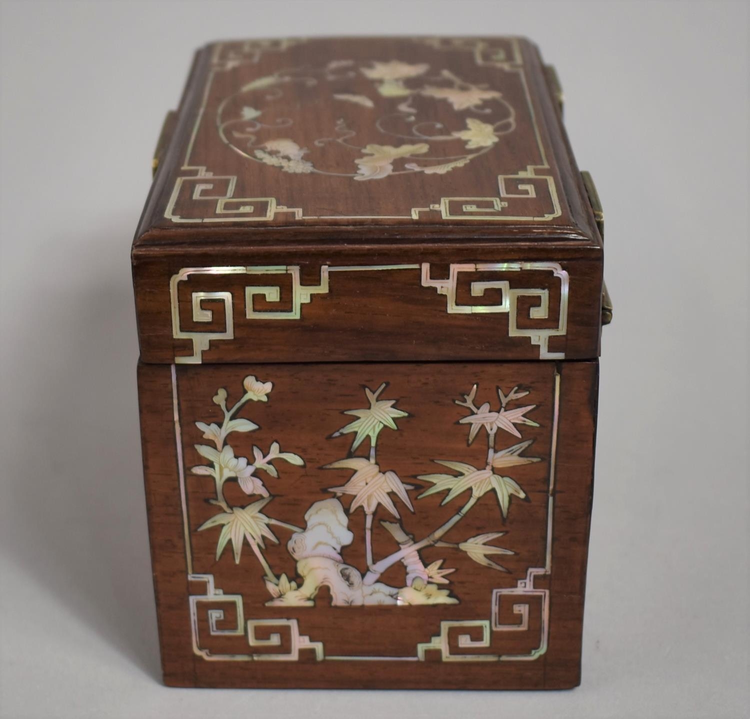 A Chinese Hardwood Mother of Pearl Inlaid Tea Caddy Box Decorated with Fauna, Native Squirrels, Bats - Image 5 of 5