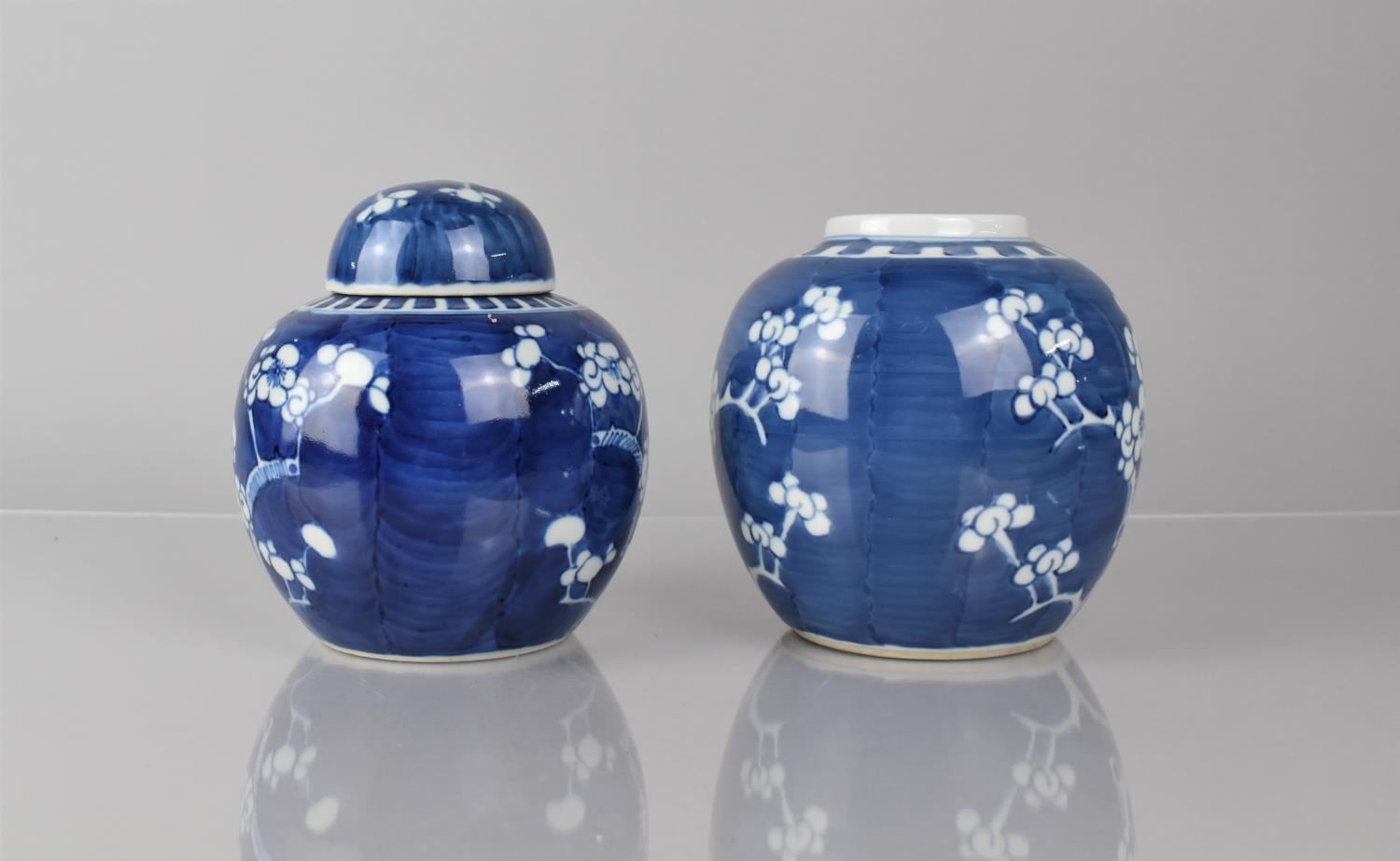 Two Chinese Porcelain Blue and White Prunus Pattern Ginger Jars, Both with Double Concentric Mark to - Image 3 of 3