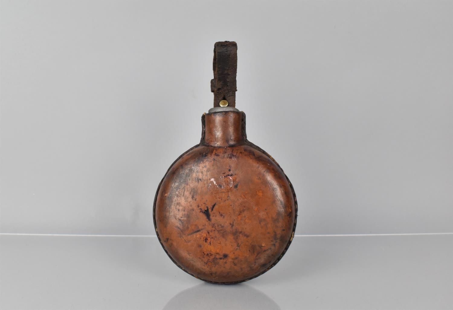 A Late 19th Century British Army Leather Covered Circular Glass Military Water Bottle 15cms - Image 2 of 5