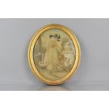 A 19th Century Oval Embroidery in Gilt Frame depicting Lady in Garden Watering Plants with Dog at