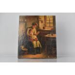 A 19th Century Folk Art Oil Painting on Canvas of a Mother and Child in a Rustic Cottage Interior,