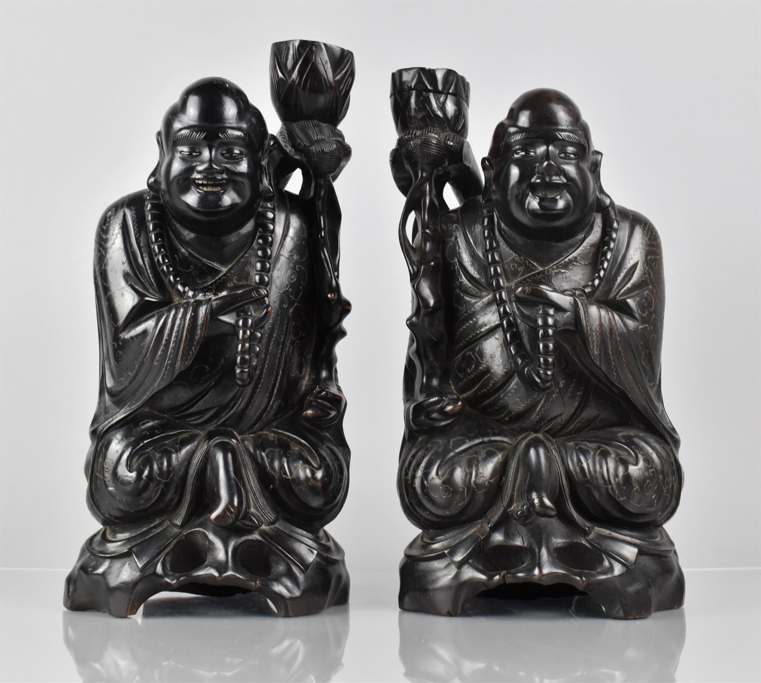 A Pair of Late 19th Century Chinese Hardwood Figural Candle Holders in the Form of Chinese Gods/ - Image 2 of 3