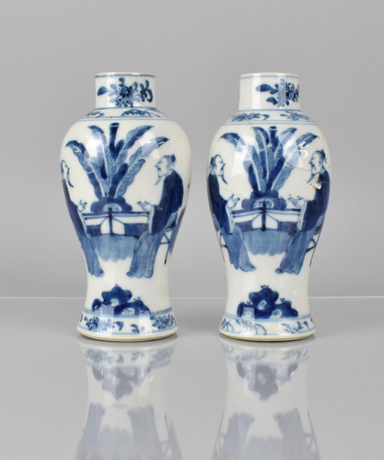 A Pair of 19th Century Chinese Porcelain Blue and White Vases decorated with Scholars in Garden - Image 2 of 6