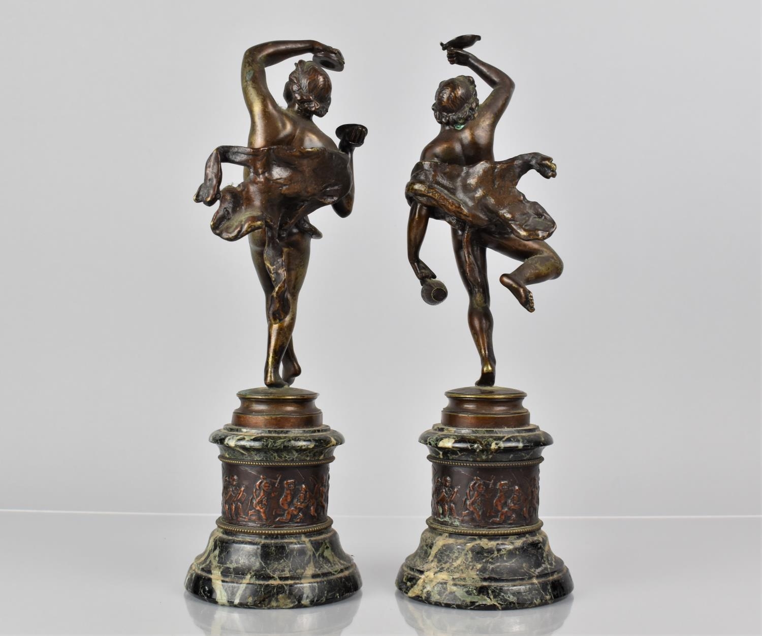 A Pair of 19th Century French Bronze Figural Garnitures, Classical Nude Playing Cymbal and the Other - Image 3 of 3