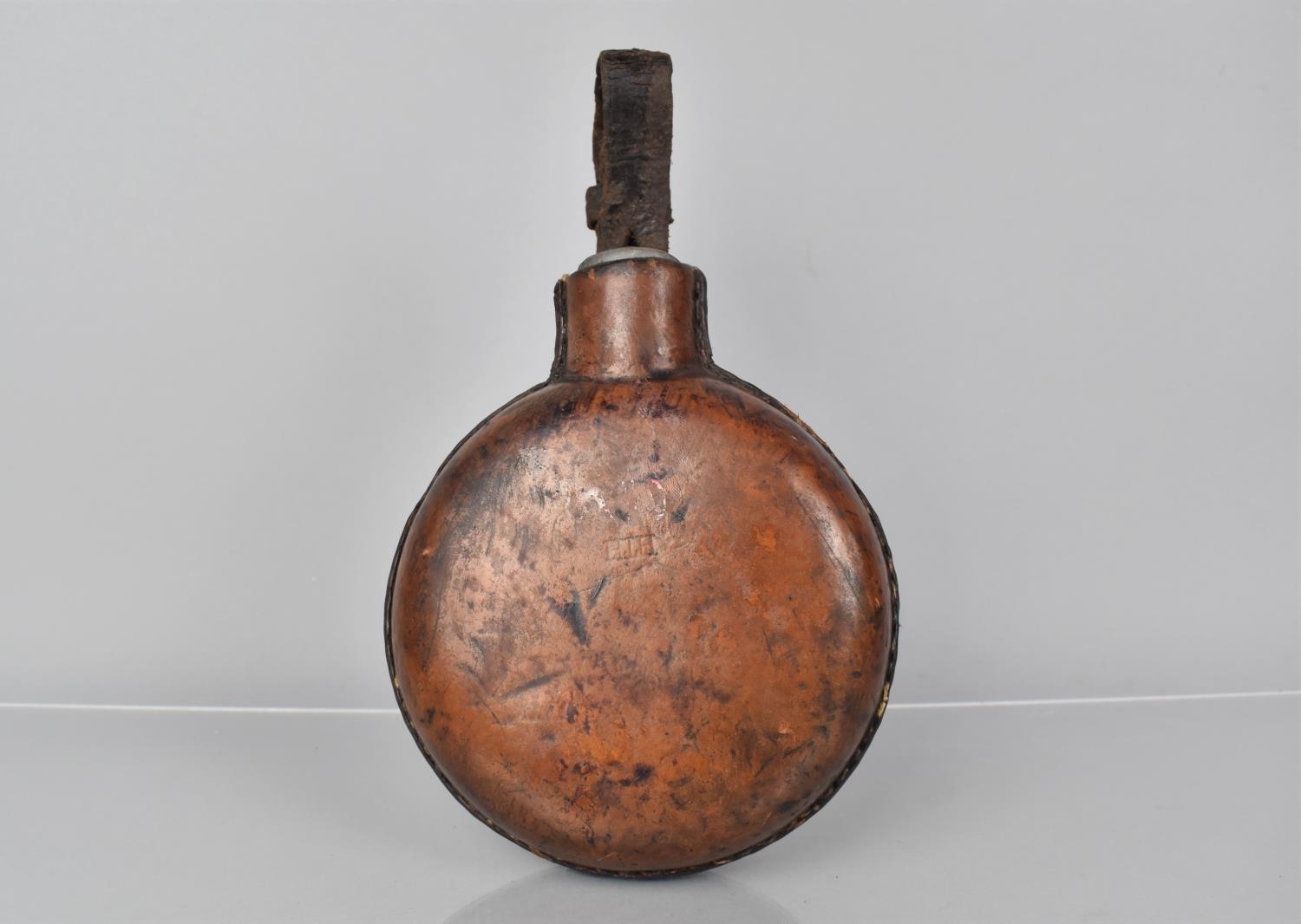 A Late 19th Century British Army Leather Covered Circular Glass Military Water Bottle 15cms - Image 4 of 5