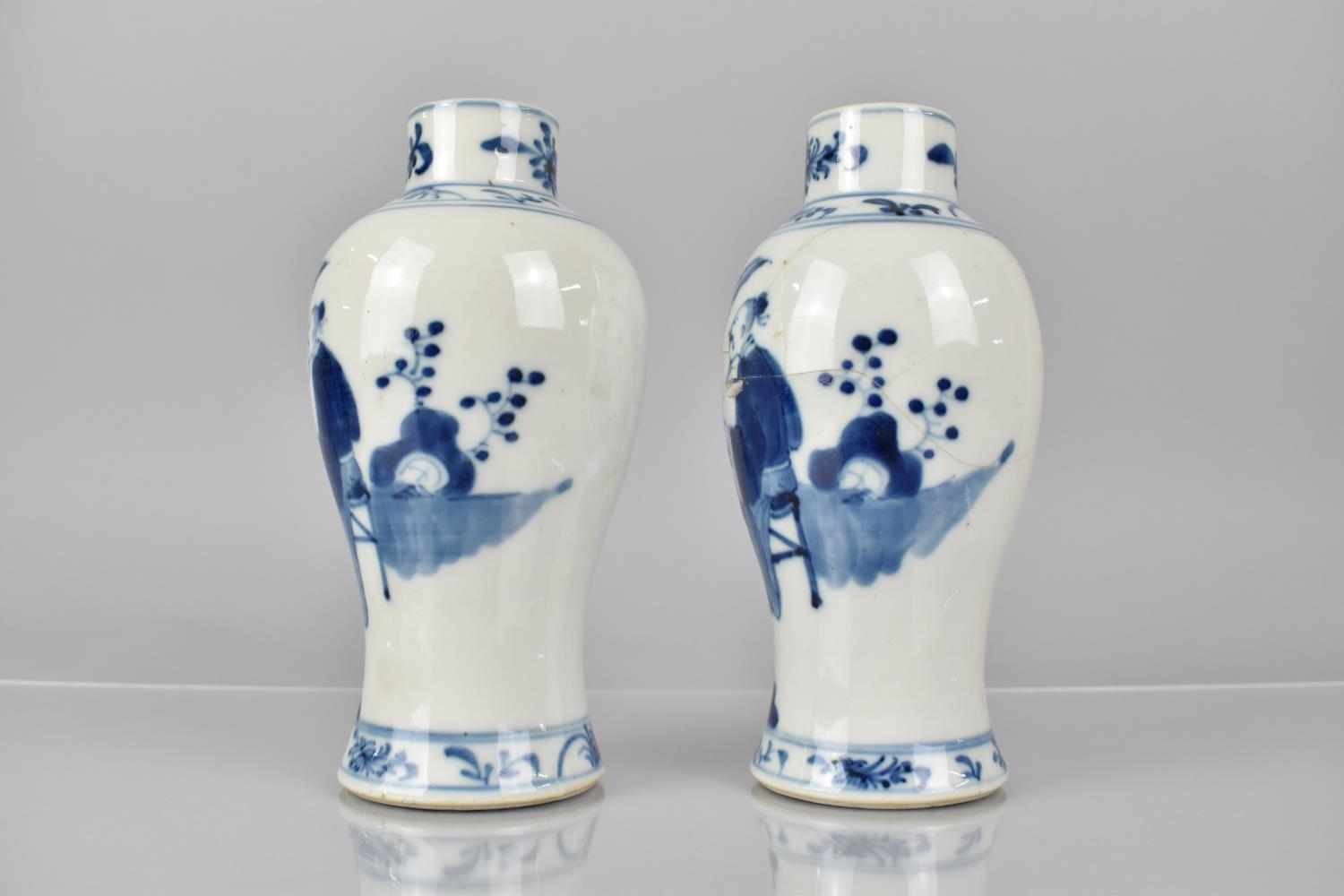 A Pair of 19th Century Chinese Porcelain Blue and White Vases decorated with Scholars in Garden - Image 3 of 6