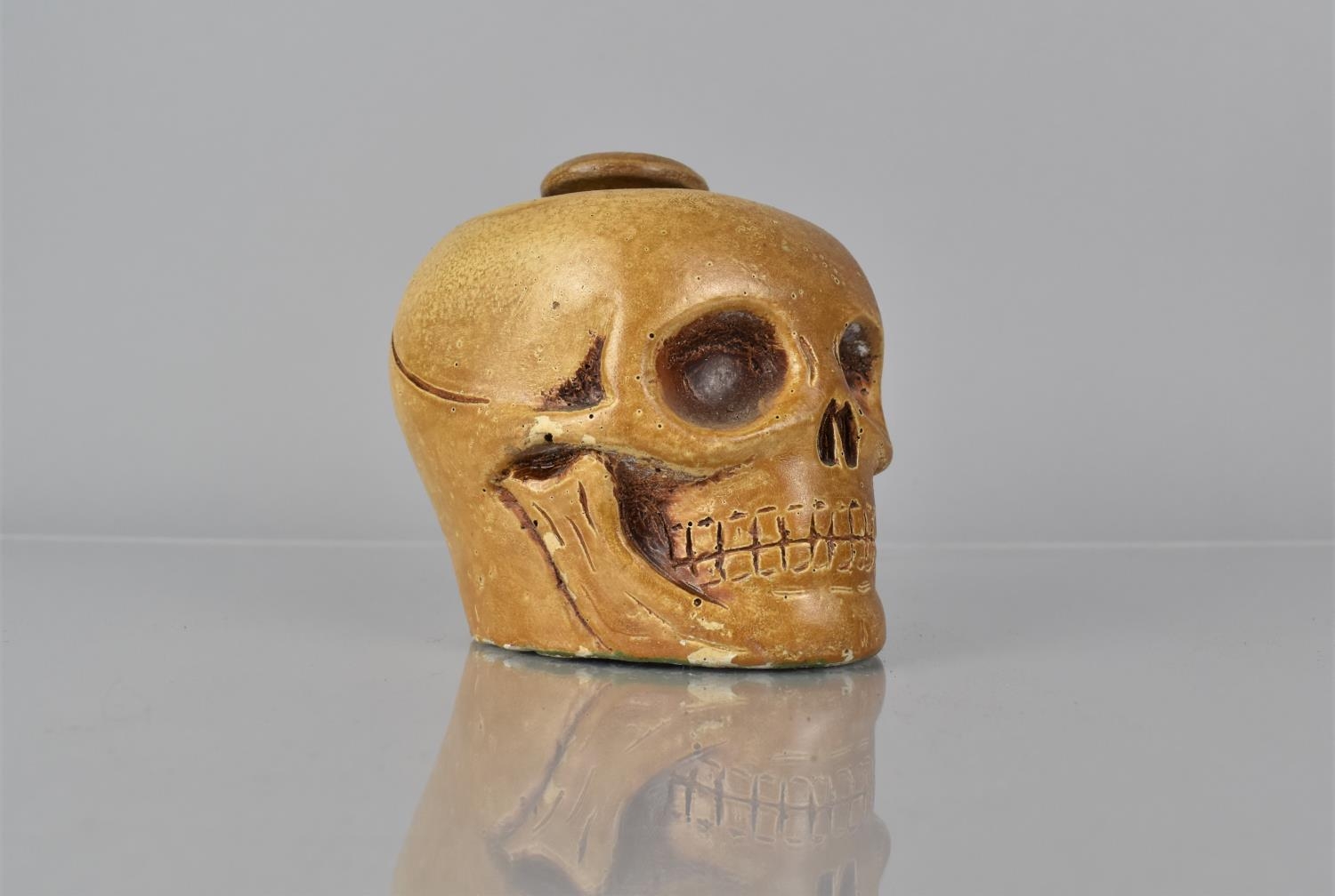 A Late 19th/Early 20th Century Painted Plaster and Wood Tobacco Jar Modelled as a Human Skull, - Image 2 of 6