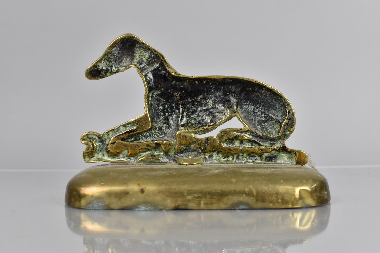 A 19th Century Brass Doorstop in the Form of a Recumbent Greyhound on Plinth, Weighted Base, 15cms - Image 3 of 3