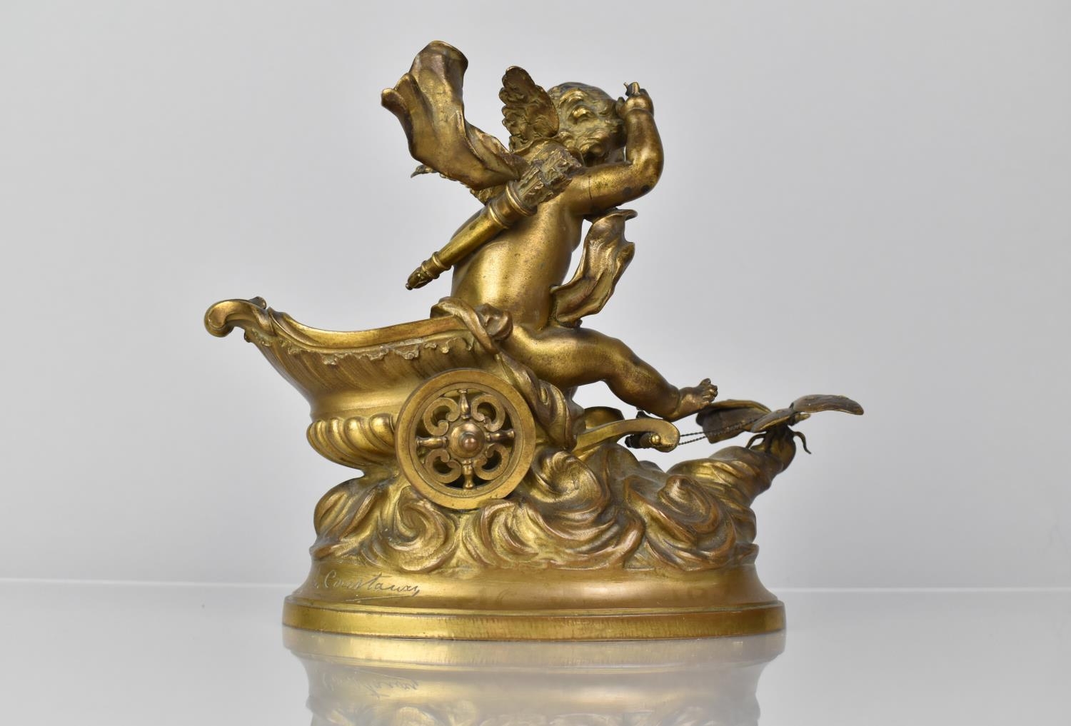 After L Coustou, A 19th Century Gilded Bronze Study of Cupid Sat on Chariot being Pulled by - Image 3 of 4