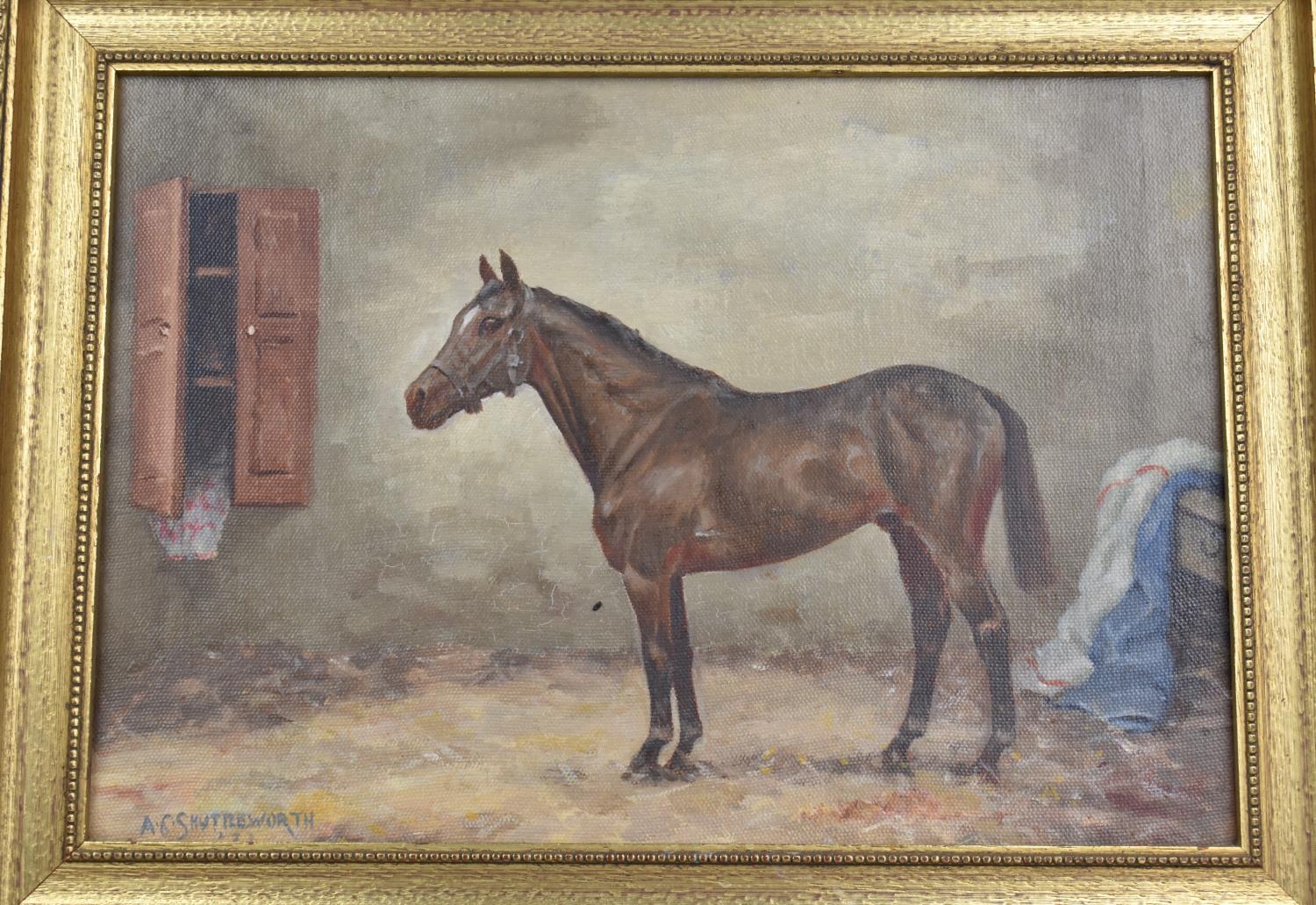 A 20th Century Oil on Board, English School, Interior Stable Scene with Horse Signed A.G. - Image 2 of 3