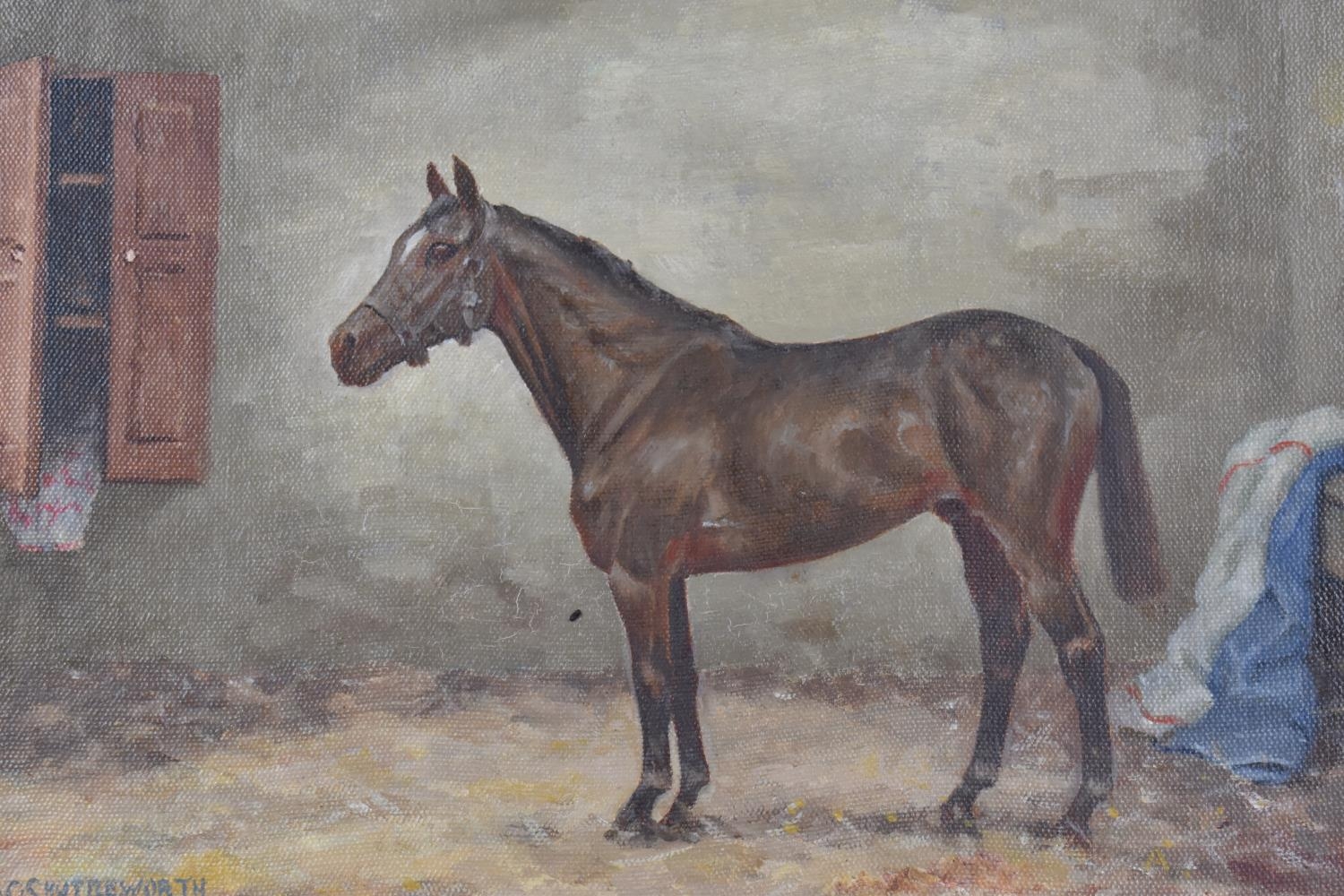 A 20th Century Oil on Board, English School, Interior Stable Scene with Horse Signed A.G. - Image 3 of 3