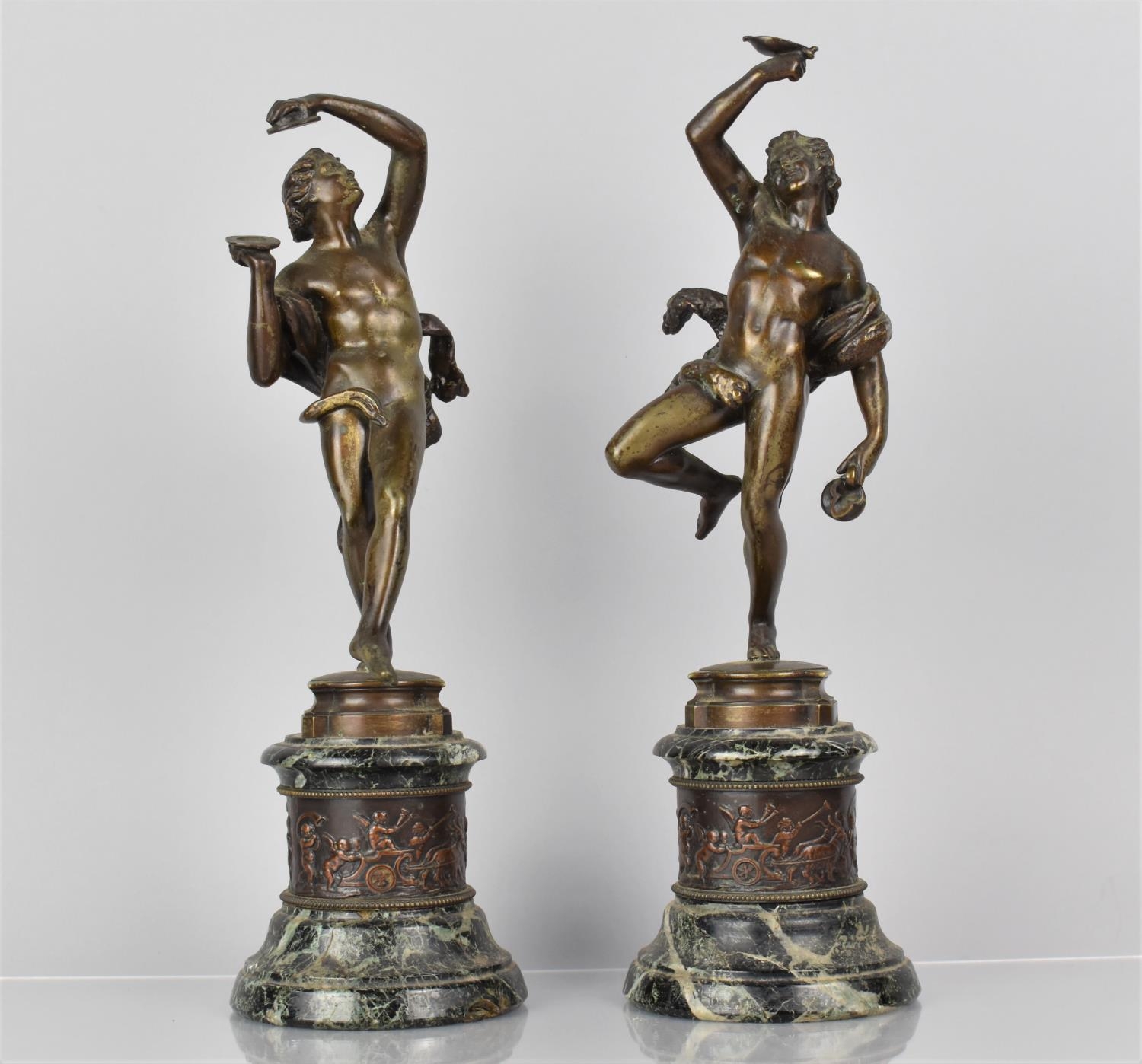 A Pair of 19th Century French Bronze Figural Garnitures, Classical Nude Playing Cymbal and the Other - Image 2 of 3