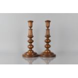 A Pair of 19th Century Treen Turned Oak Candlesticks with Bobbin Turned Shafts over Circular