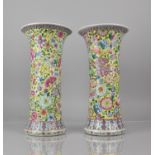 A Pair of Chinese Sleeve Vases, Flared Neck, Decorated with One Hundred Flowers' Motif on Yellow