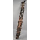 A Large Long African Tribal Carved Wooden Totem Pole Depicting Warrior, Cocodile, Elephant Mask