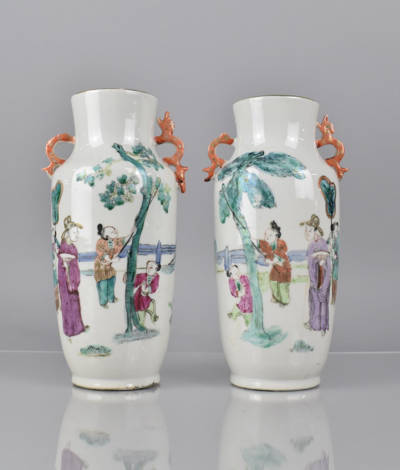 A Pair of 19th Century Chinese Porcelain Vases decorated in the Famille Rose Palette with Robed - Image 3 of 5