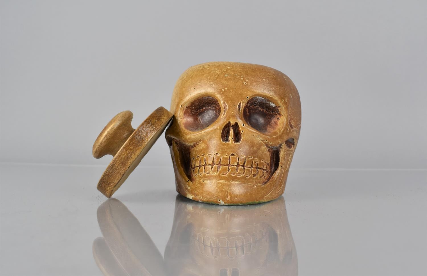 A Late 19th/Early 20th Century Painted Plaster and Wood Tobacco Jar Modelled as a Human Skull, - Image 4 of 6