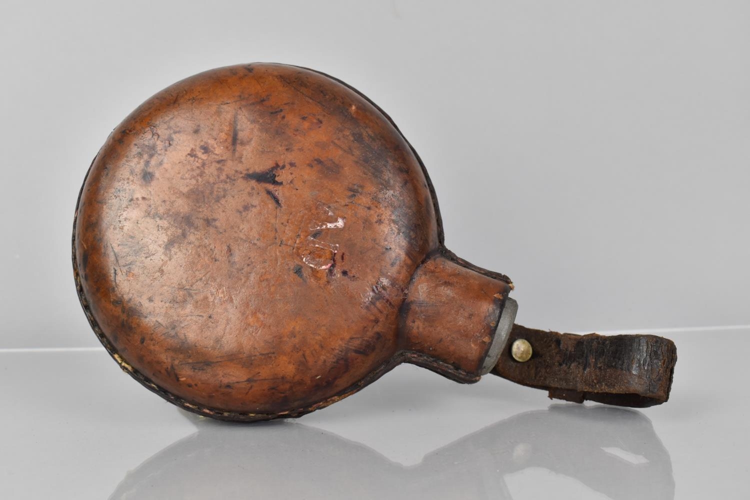 A Late 19th Century British Army Leather Covered Circular Glass Military Water Bottle 15cms