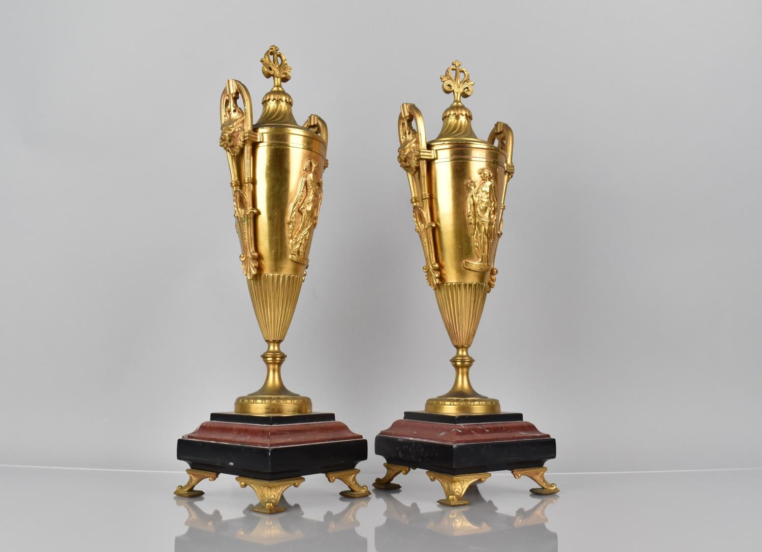 A Pair of French 19th Century Gilt Bronze Garnitures in the Form of Two Handled Lidded Vases - Image 2 of 3