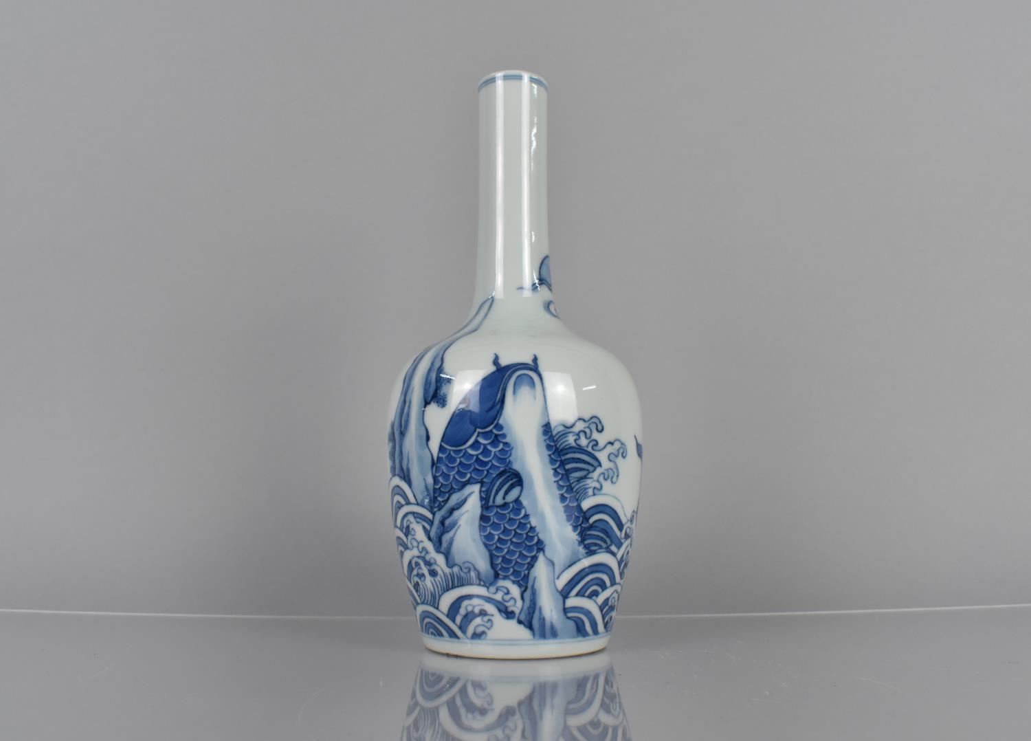 A Chinese Porcelain Blue and White Bottle Vase decorated with Koi Fish Leaping out of Sea, Double