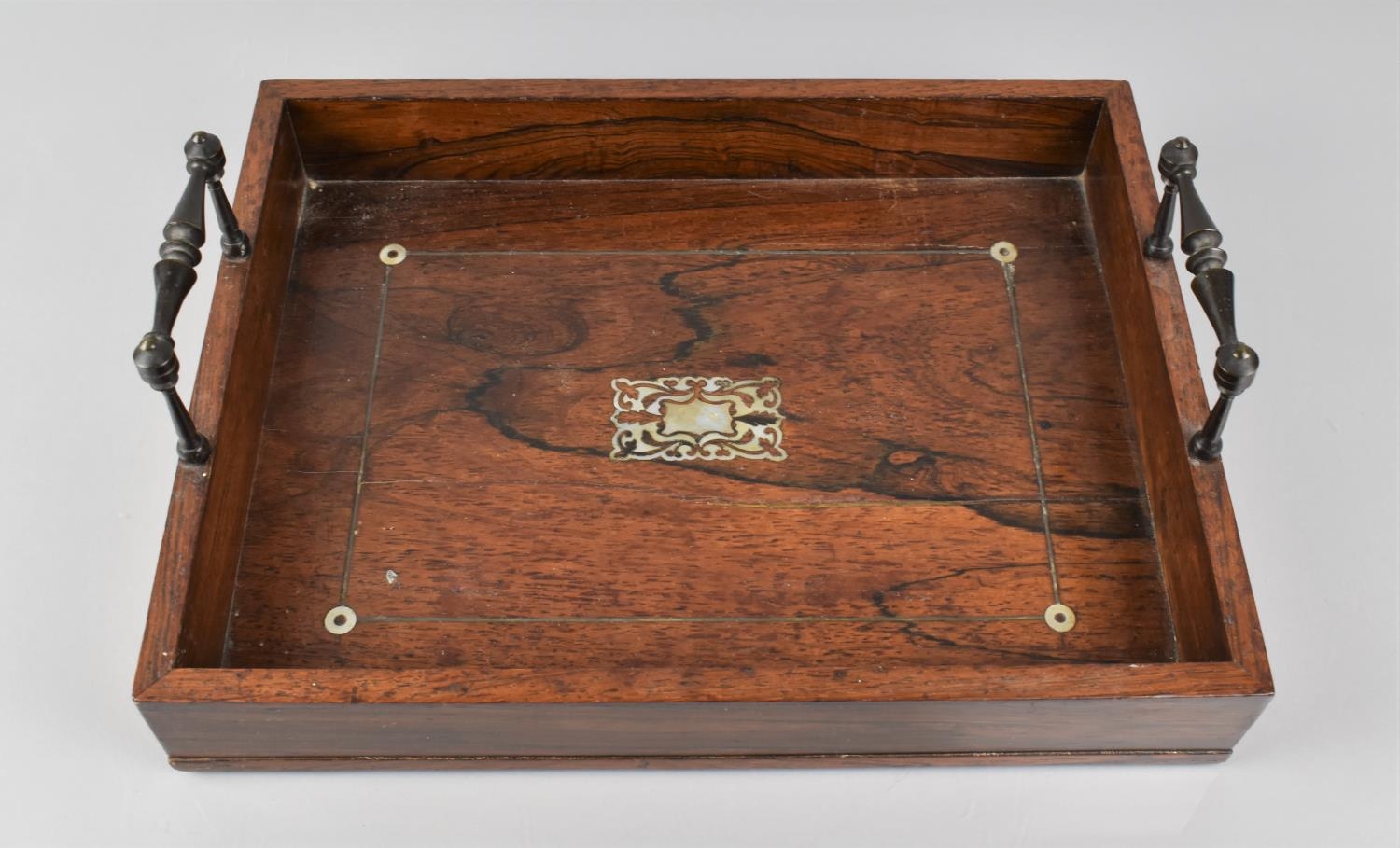 A Late 19th Century Rosewood Pen Tray with Mother of Pearl Inlay having Two Carrying Handles, - Image 4 of 4