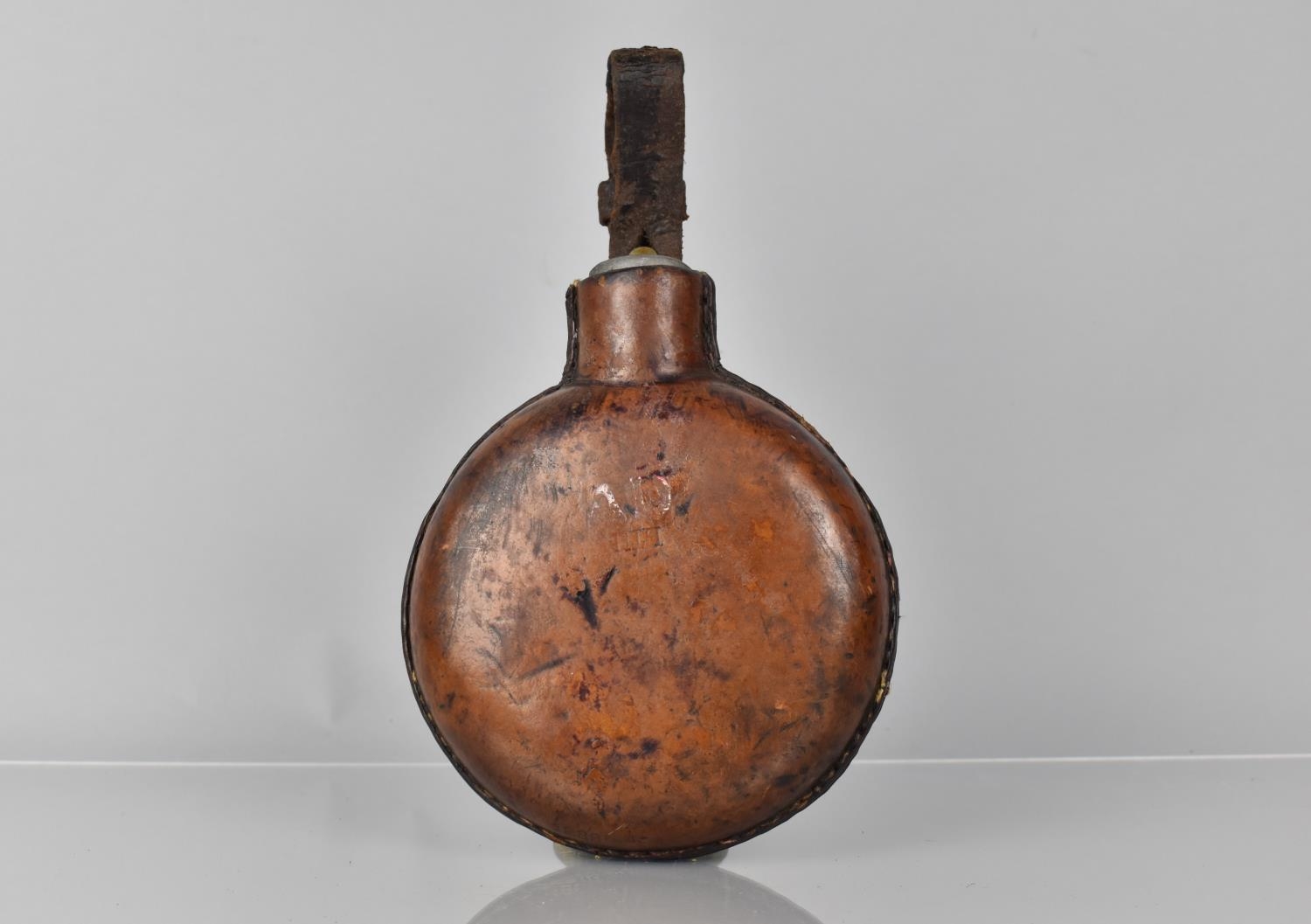 A Late 19th Century British Army Leather Covered Circular Glass Military Water Bottle 15cms - Image 3 of 5