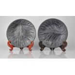 A Pair of Lalique Black Glass Plates in the Algues Noir or Three of Life Pattern, Signed Lalique,