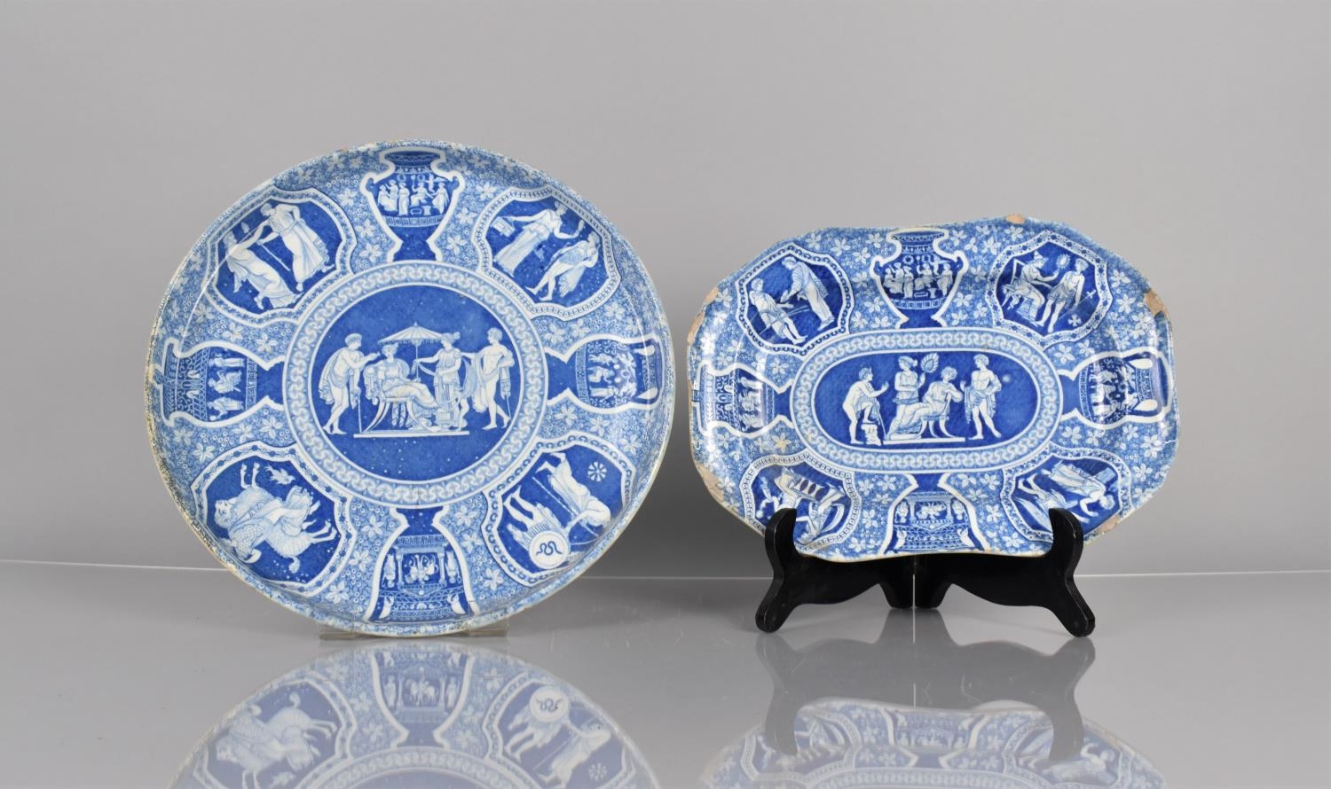 Two Pieces of 19th Century Blue and White Spode, Iphigenia Being Told of Death of Agamemnon