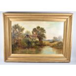 A Large Gilt Framed 19th Century Oil on Card Depicting Cottage Beside Pond, 74x47cms