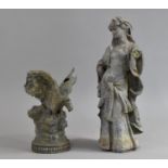 Two Weathered Cast Lead Effect Ornaments, Eagle and Maiden (Condition Issues) 38cm and 24cms High