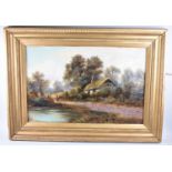 A Large Gilt Framed Late 19th Century Oil on Card Depicting Thatched Cottage with Figure in Lane,