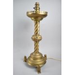 A Mid 20th century Brass Table Lamp with Wrythen Column Support and Three Lion Feet, 47cms High